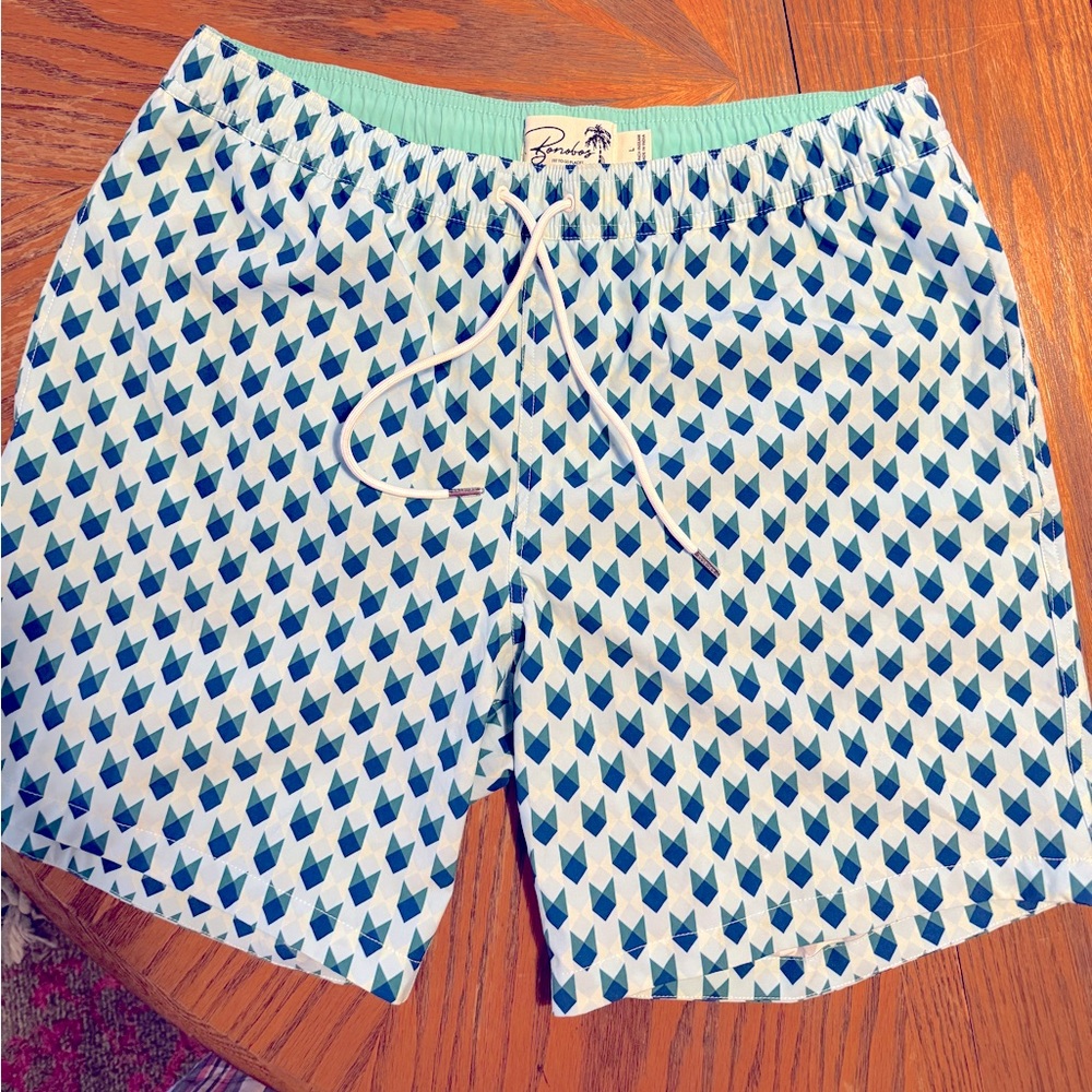 Men’s Bonobos Lt & Dark Blues Green Swim Trunks. Elastic Waist. 7” inseam. Large